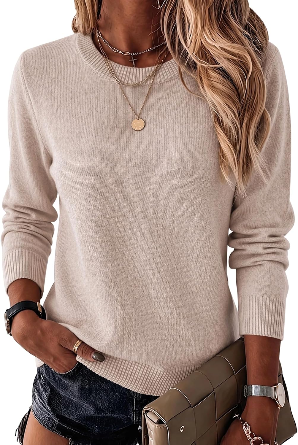 Womens Wool Blend Sweater Crewneck Long Sleeve Tops Fashion Clothing