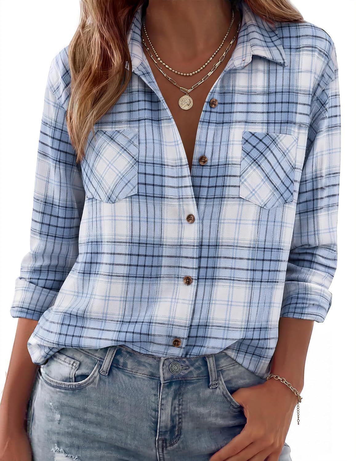 Womens Flannel Shirts Long Sleeve Button Down Casual Fall Plaid Top