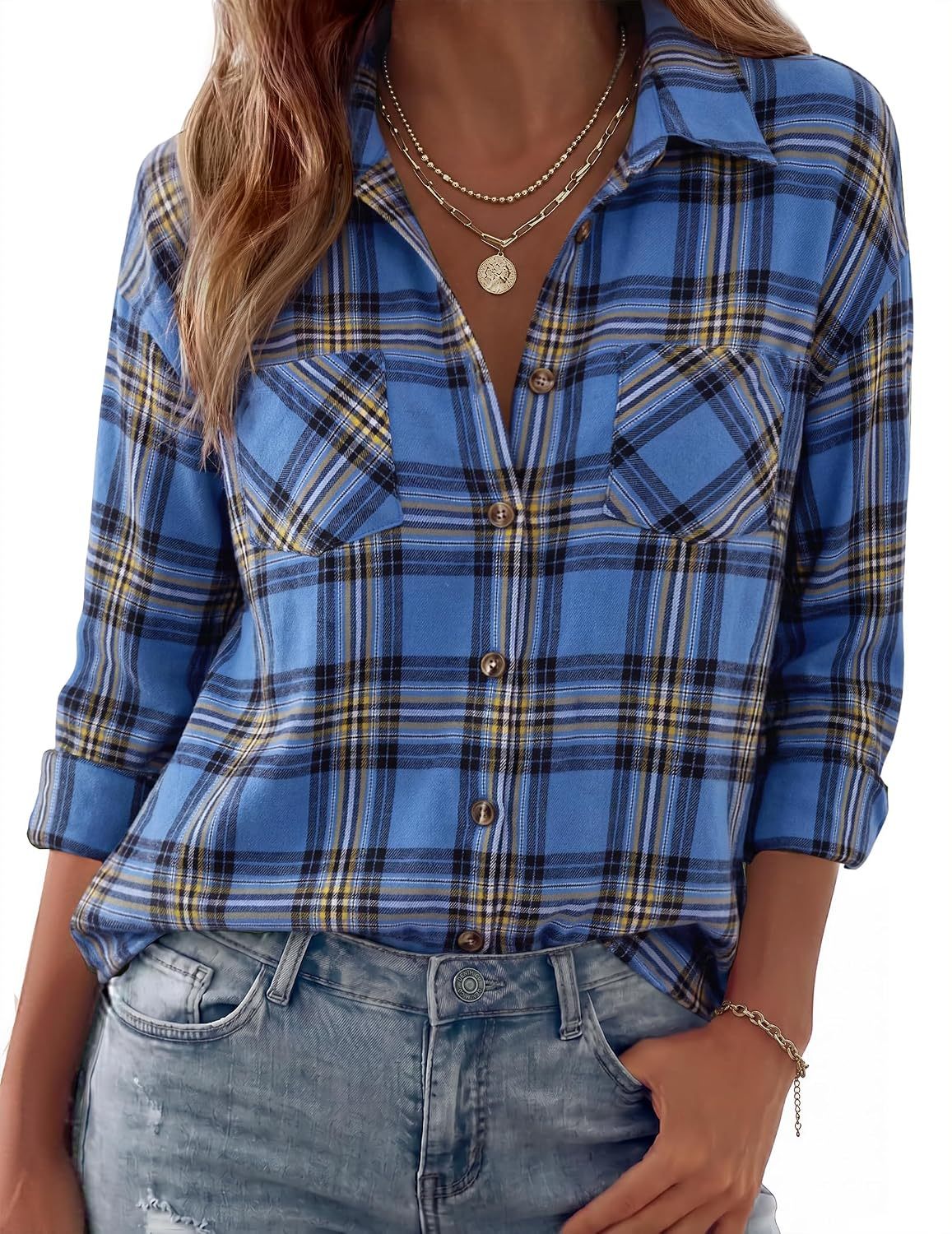 Womens Flannel Shirts Long Sleeve Button Down Casual Fall Plaid Top