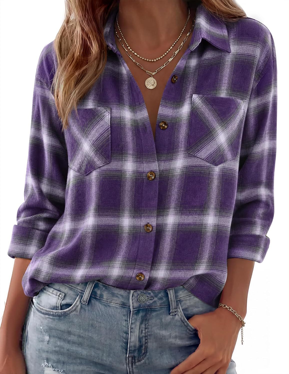 Womens Flannel Shirts Long Sleeve Button Down Casual Fall Plaid Top