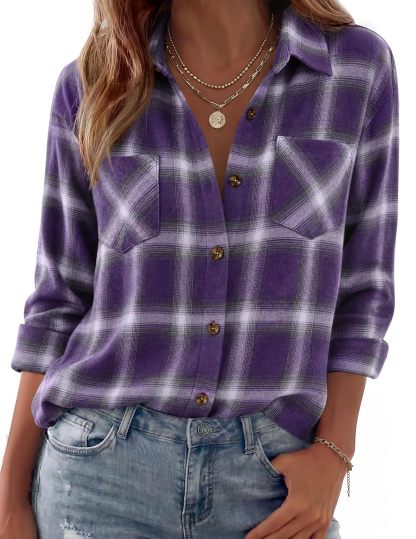 Womens Flannel Shirts Long Sleeve Button Down Casual Fall Plaid Top