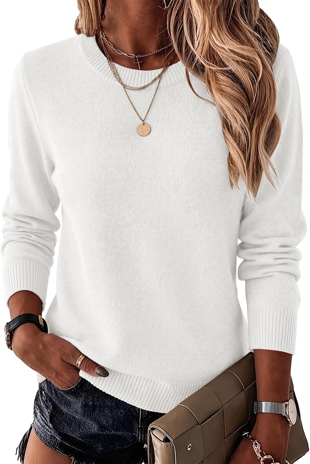 Womens Wool Blend Sweater Crewneck Long Sleeve Tops Fashion Clothing