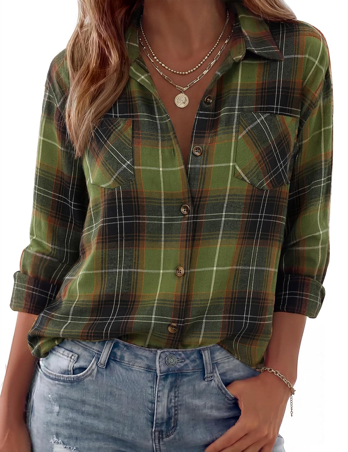Womens Flannel Shirts Long Sleeve Button Down Casual Fall Plaid Top