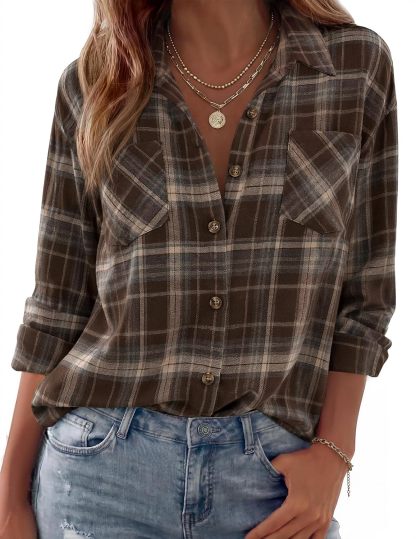 Womens Flannel Shirts Long Sleeve Button Down Casual Fall Plaid Top