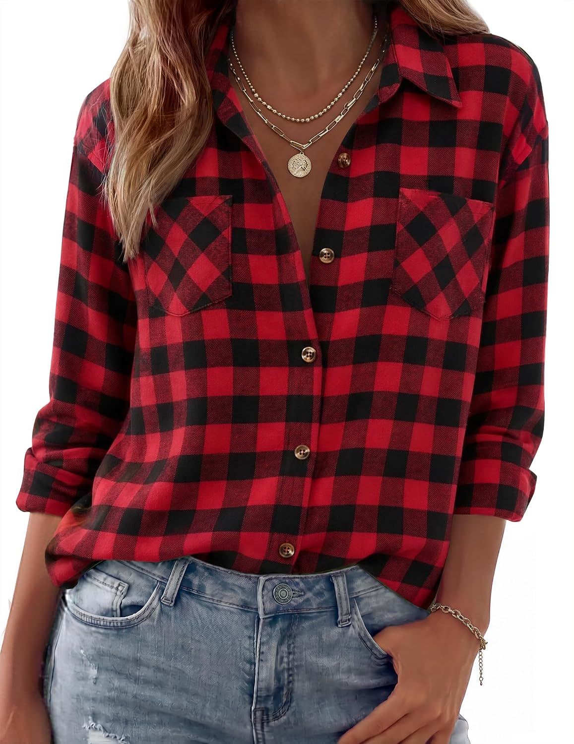 Womens Flannel Shirts Long Sleeve Button Down Casual Fall Plaid Top