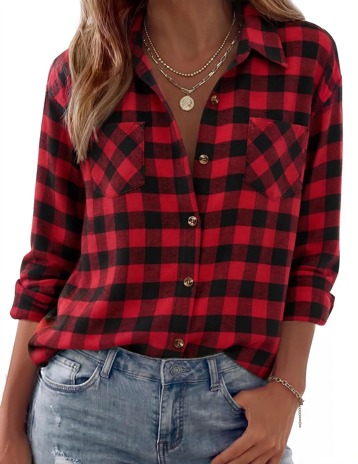 Womens Flannel Shirts Long Sleeve Button Down Casual Fall Plaid Top