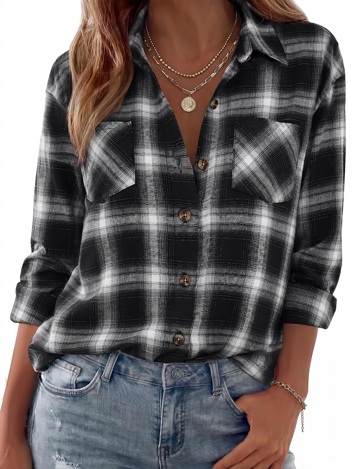 Womens Flannel Shirts Long Sleeve Button Down Casual Fall Plaid Top