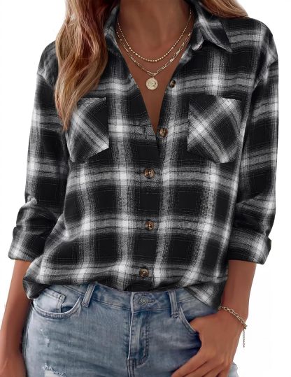 Womens Flannel Shirts Long Sleeve Button Down Casual Fall Plaid Top
