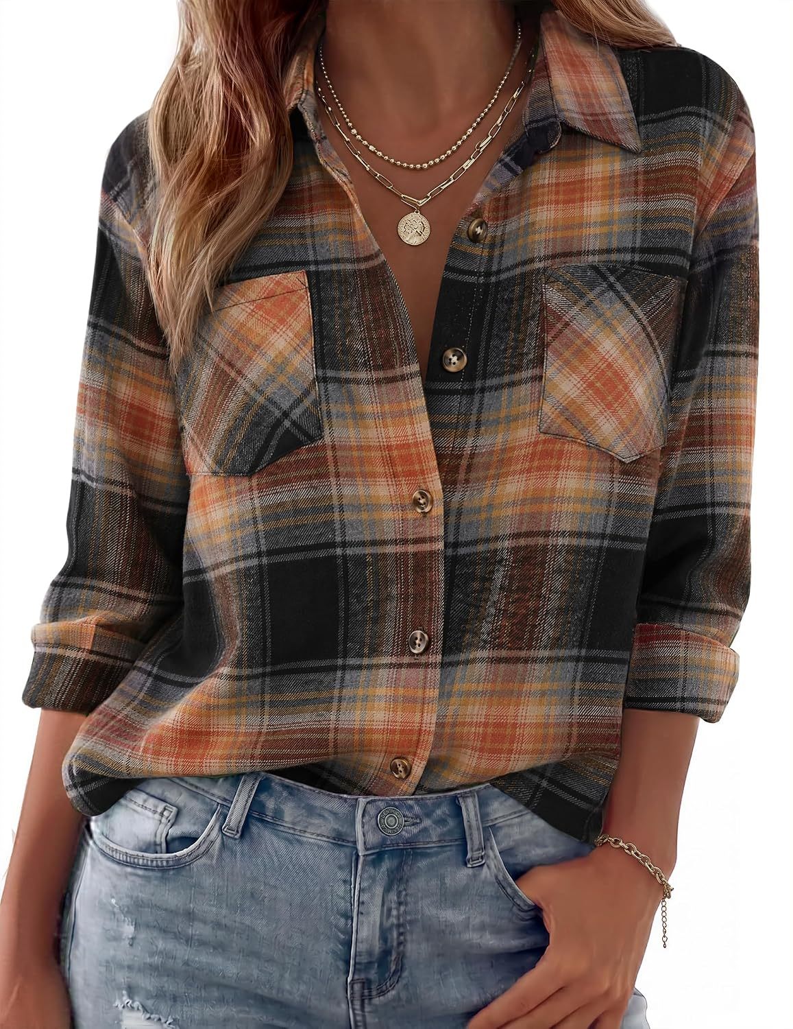 Womens Flannel Shirts Long Sleeve Button Down Casual Fall Plaid Top