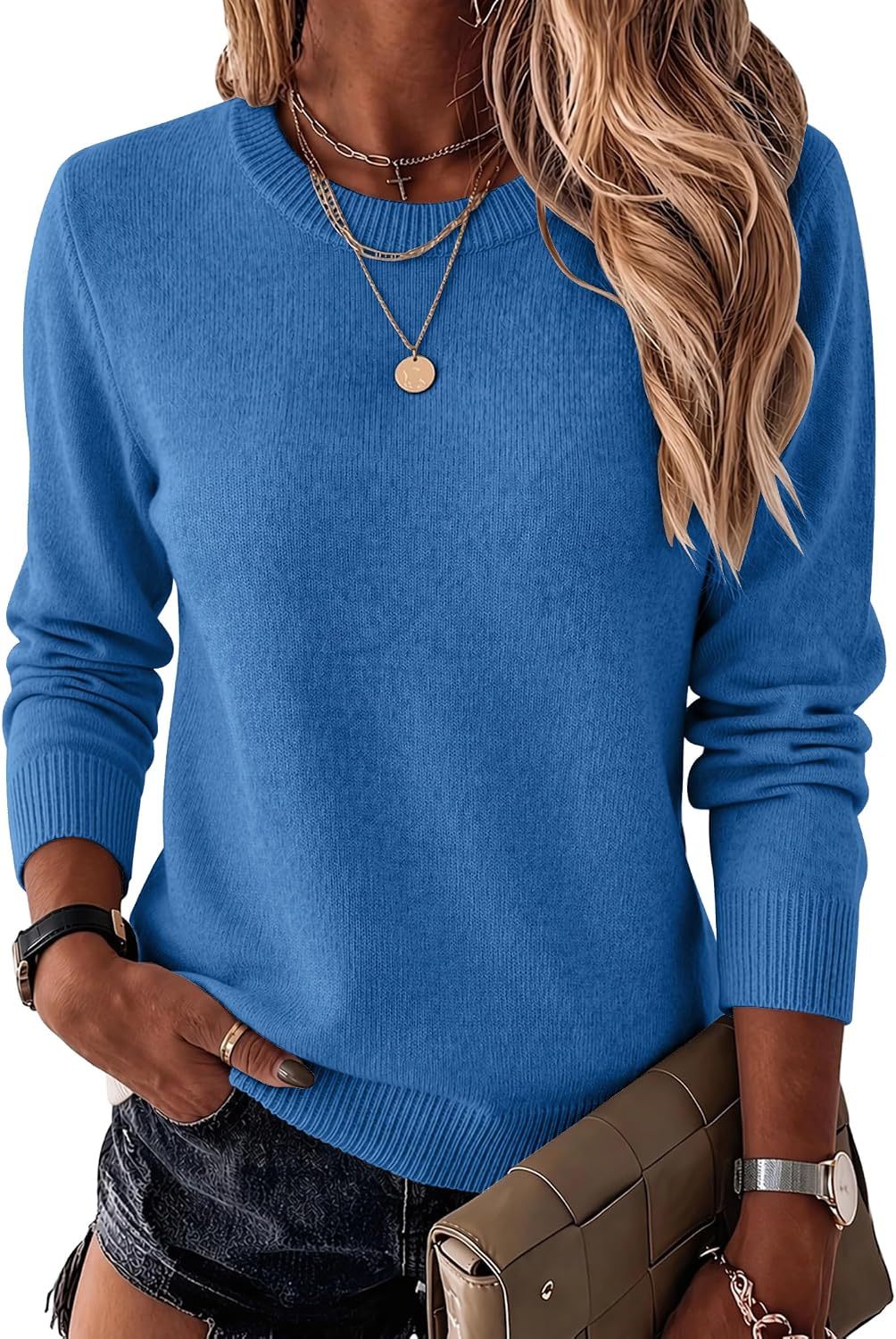 Womens Wool Blend Sweater Crewneck Long Sleeve Tops Fashion Clothing