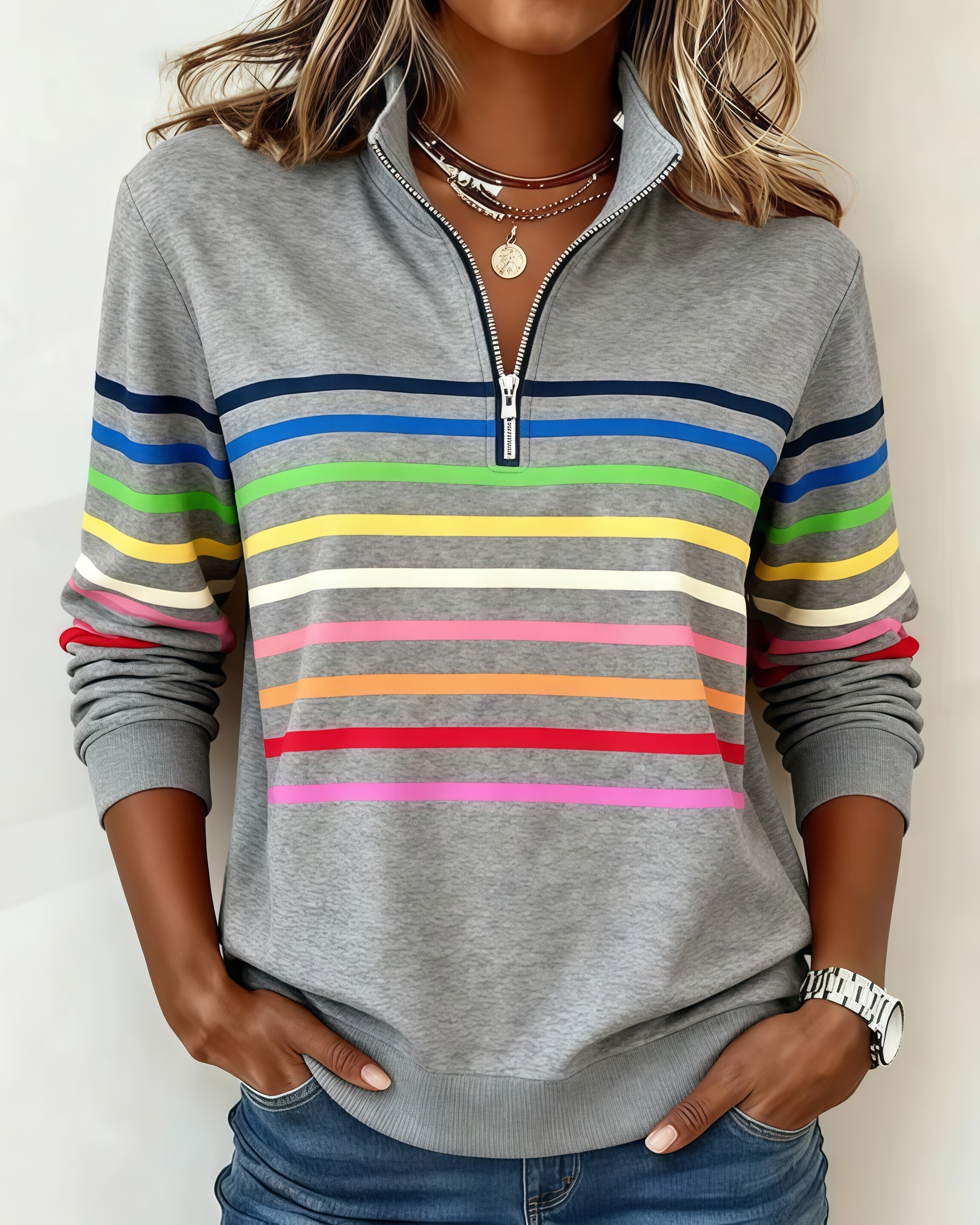 🔥Mode Sweatshirt with Half Zipper and Rainbow Stripes