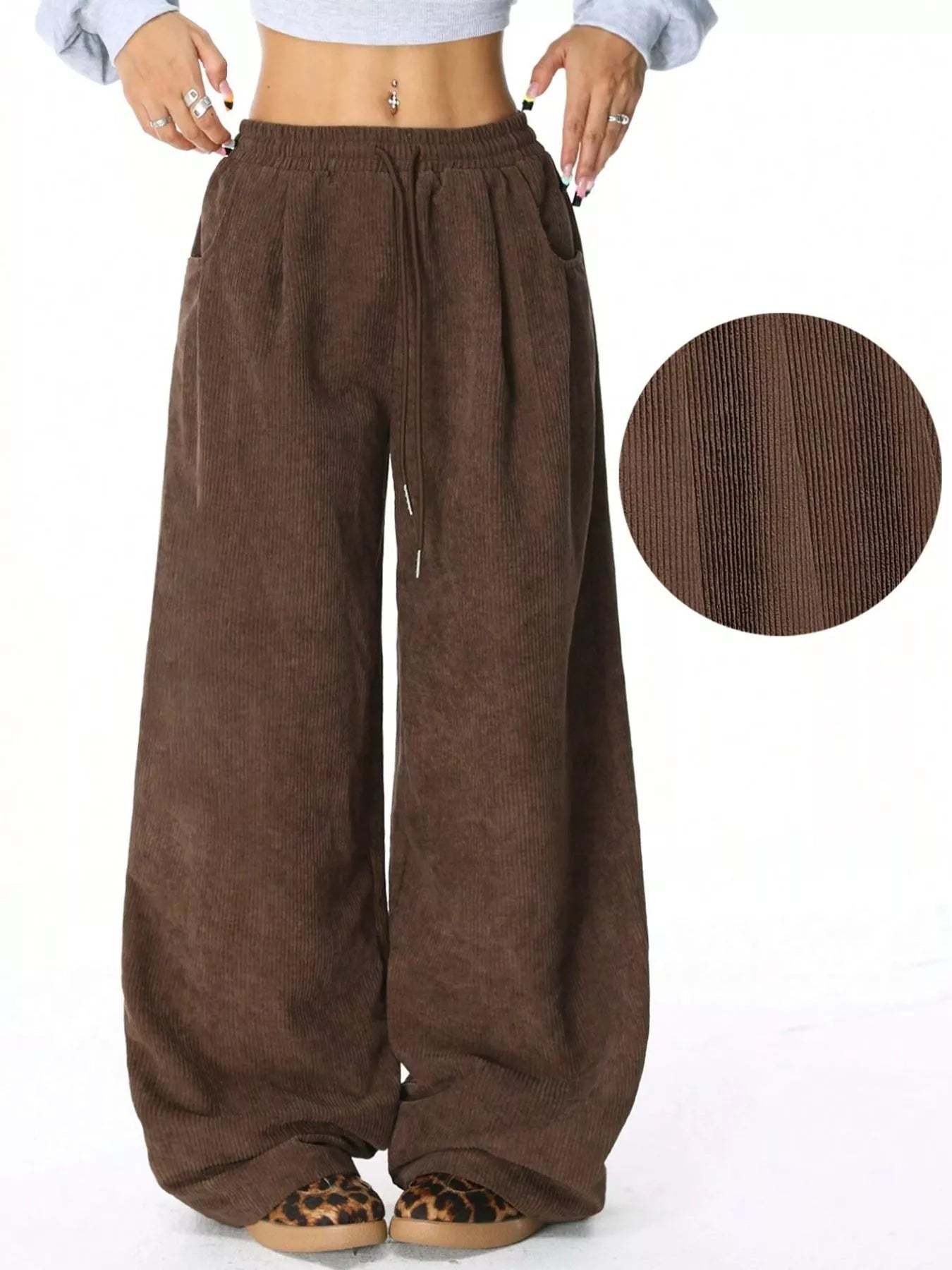 Wide Leg Corduroy Drawstring Pants