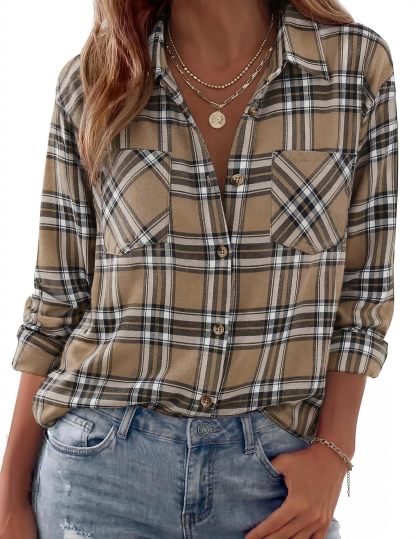 Womens Flannel Shirts Long Sleeve Button Down Casual Fall Plaid Top