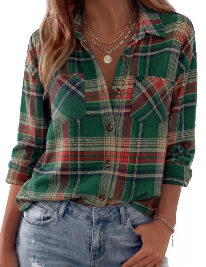 Womens Flannel Shirts Long Sleeve Button Down Casual Fall Plaid Top