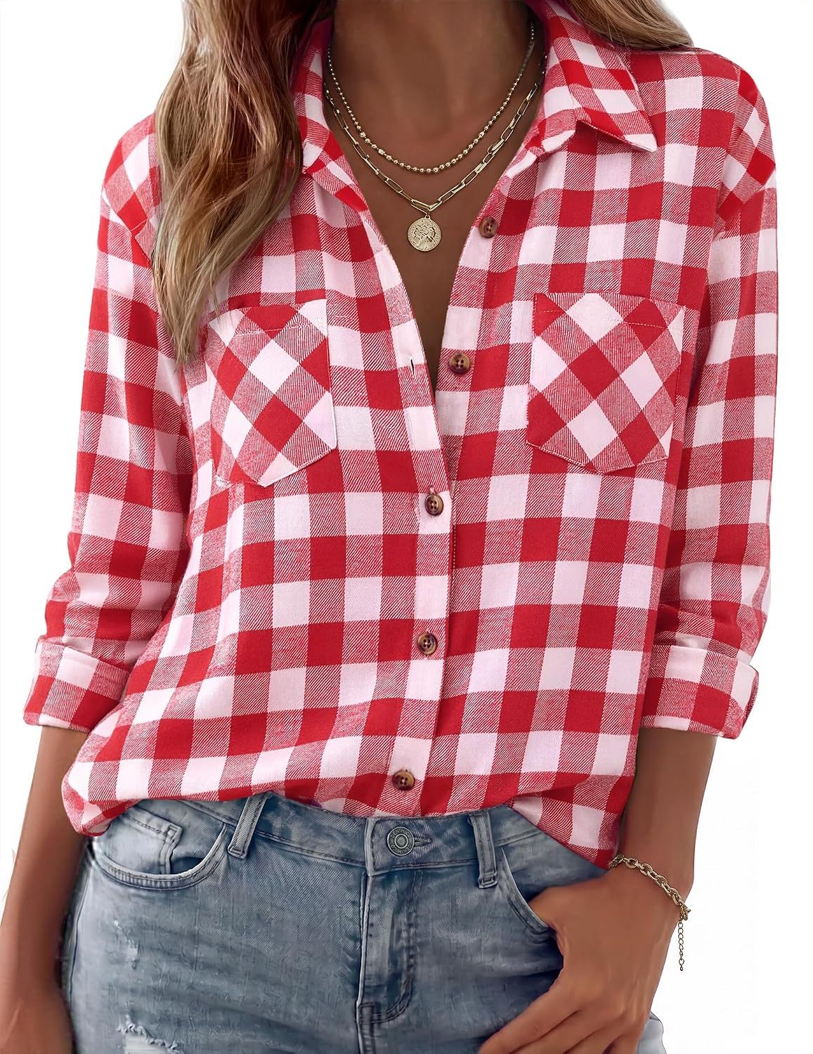 Womens Flannel Shirts Long Sleeve Button Down Casual Fall Plaid Top