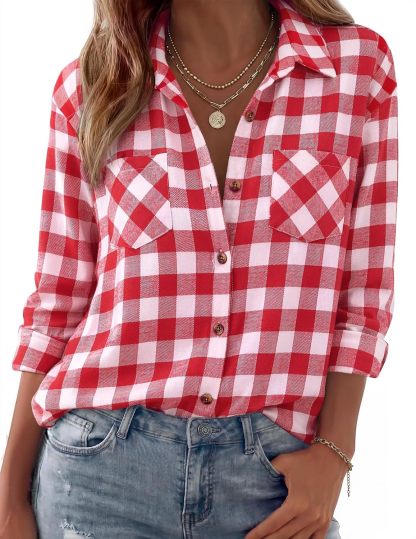 Womens Flannel Shirts Long Sleeve Button Down Casual Fall Plaid Top