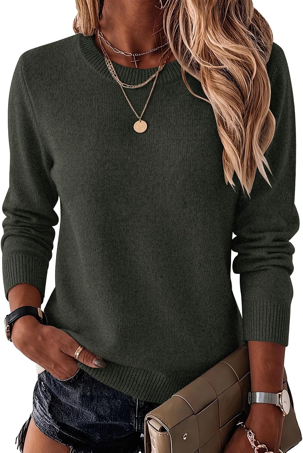 Womens Wool Blend Sweater Crewneck Long Sleeve Tops Fashion Clothing
