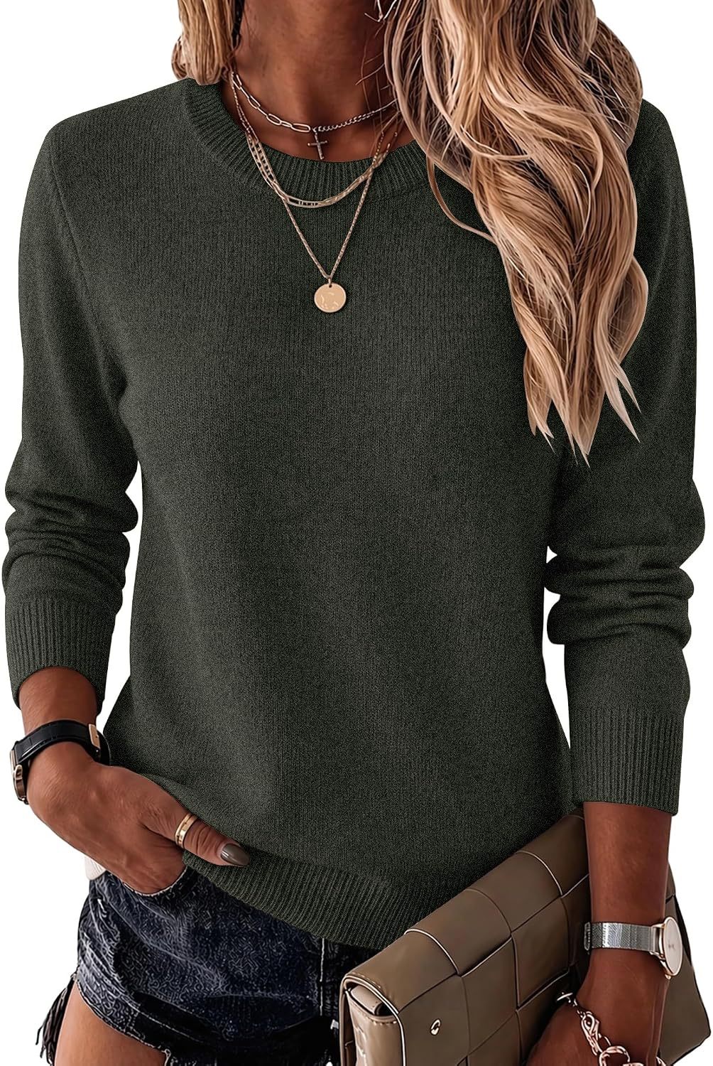 Womens Wool Blend Sweater Crewneck Long Sleeve Tops Fashion Clothing