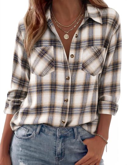 Womens Flannel Shirts Long Sleeve Button Down Casual Fall Plaid Top