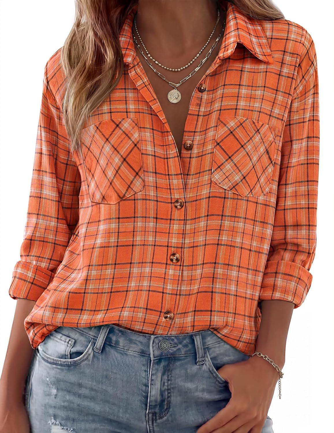 Womens Flannel Shirts Long Sleeve Button Down Casual Fall Plaid Top