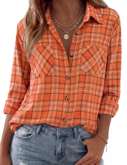 Womens Flannel Shirts Long Sleeve Button Down Casual Fall Plaid Top