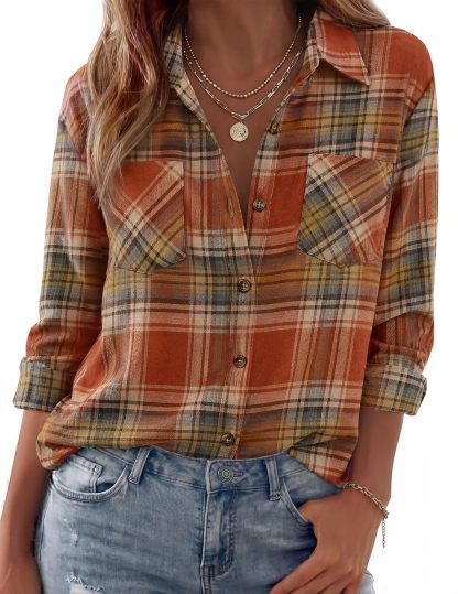 Womens Flannel Shirts Long Sleeve Button Down Casual Fall Plaid Top