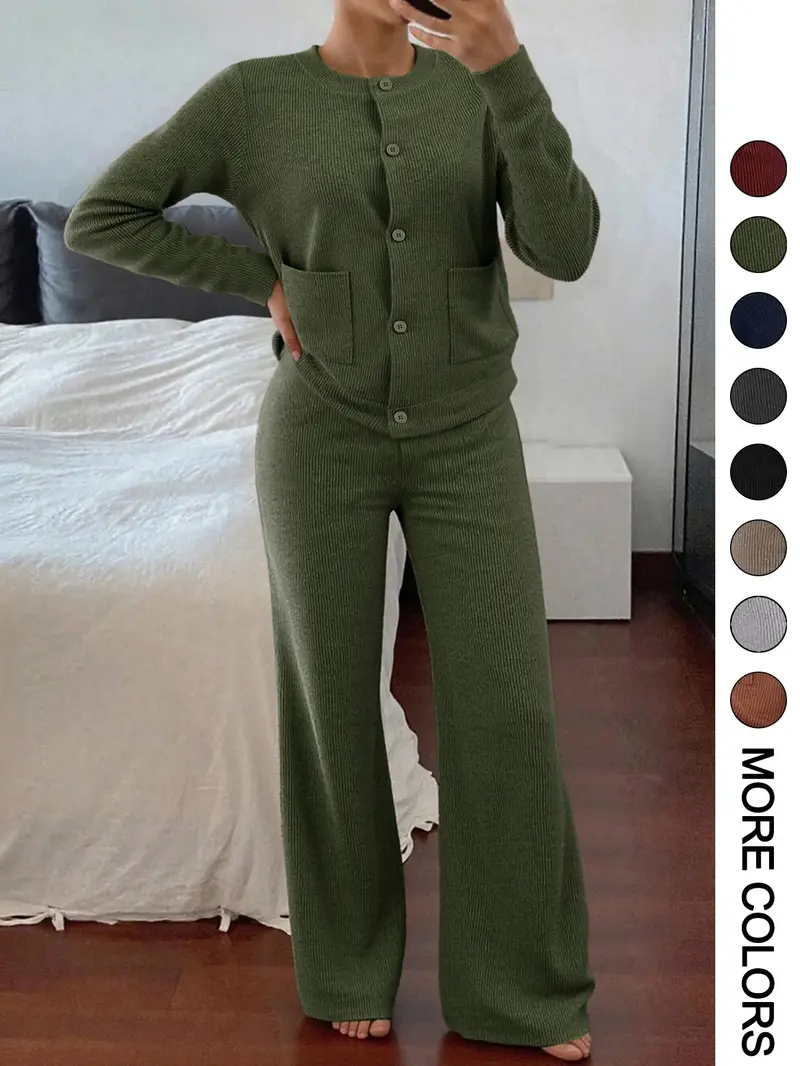 Women's Casual Comfortable Round Neck Long Sleeve Knit Sweater Set, High Waist Versatile Wide Leg Pants, Perfect for Daily Wear