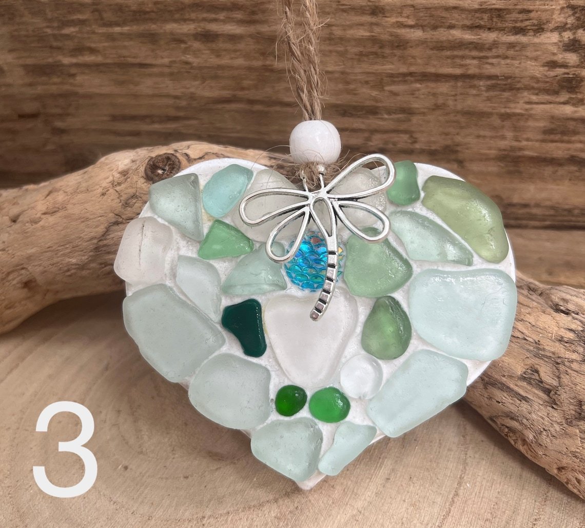 🌊Transforming Ocean Treasures into Eco-Friendly Art -Small Sea Glass Mosaic Hanging Heart