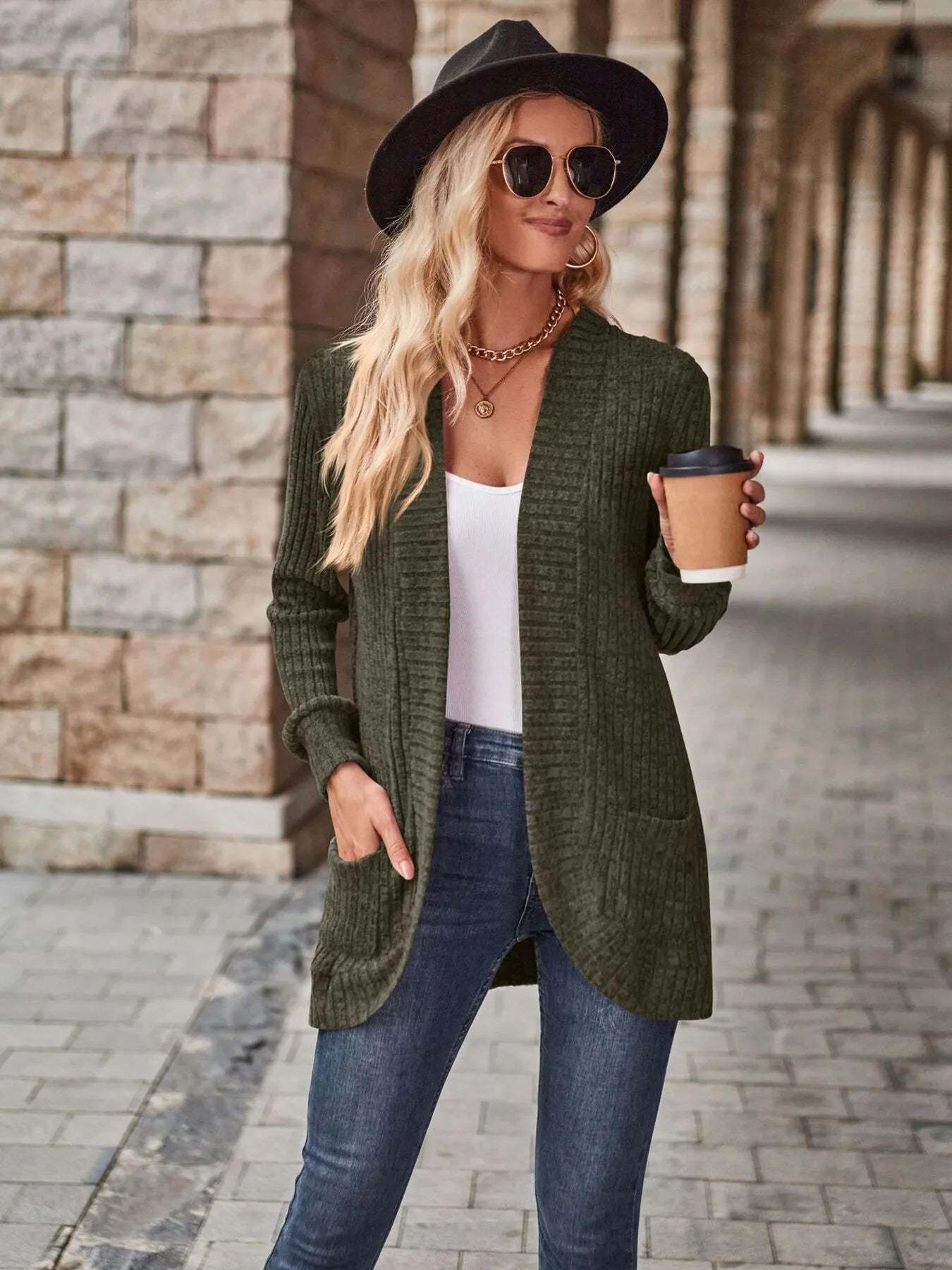 CLEARANCE🔥Ribbed Open Front Long Cardigan with Pockets