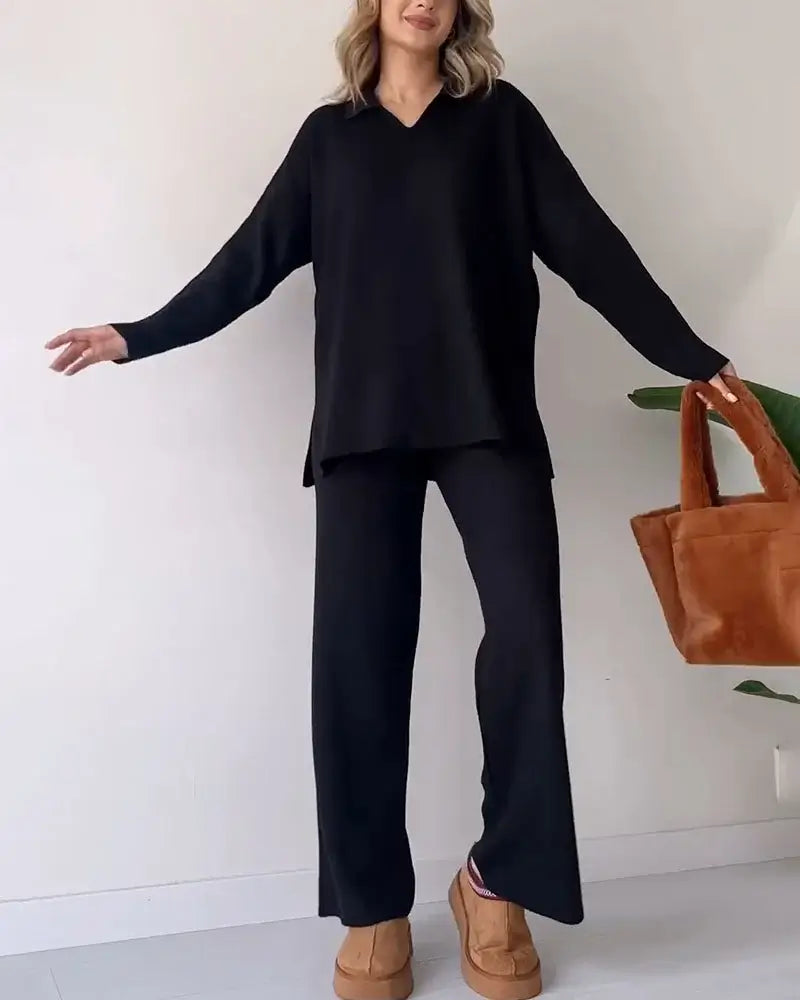 🔥Solid color fashionable lapel loose casual sweater two-piece set