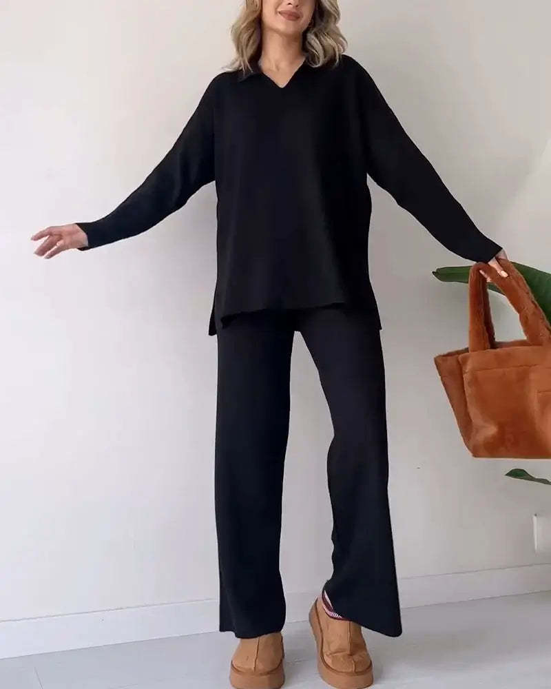 🔥Solid color fashionable lapel loose casual sweater two-piece set