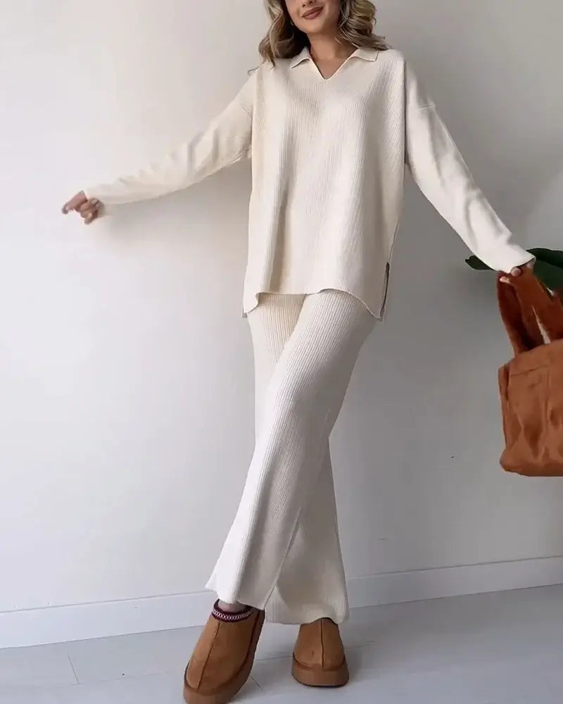 🔥Solid color fashionable lapel loose casual sweater two-piece set
