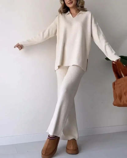 🔥Solid color fashionable lapel loose casual sweater two-piece set