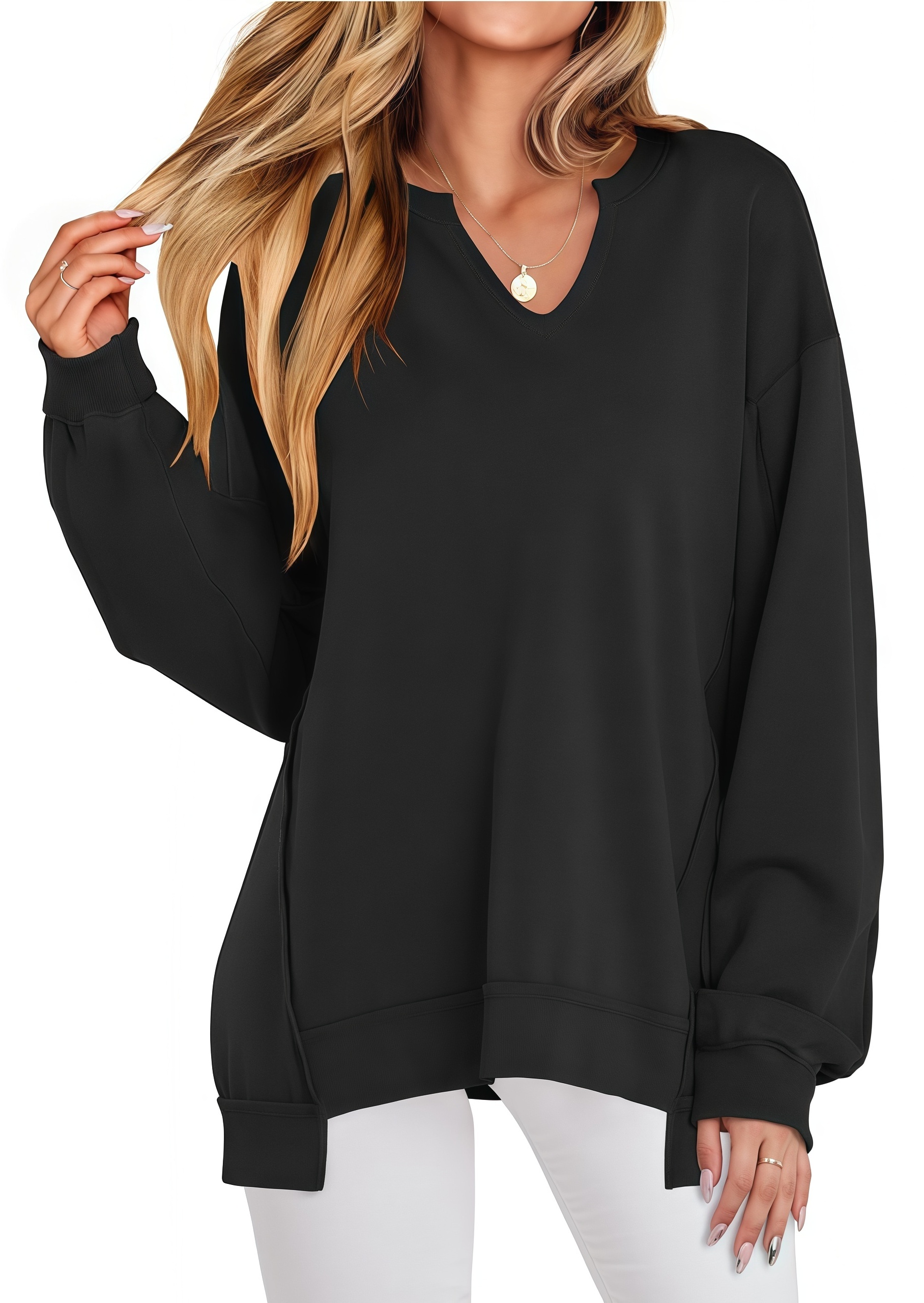 🔥Womens Oversized Sweatshirt V Neck Long Sleeve Tunic Lightweight Pullover