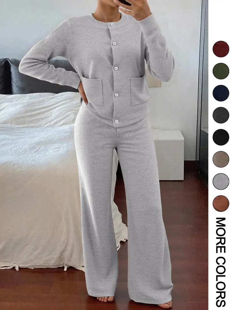 Women's Casual Comfortable Round Neck Long Sleeve Knit Sweater Set, High Waist Versatile Wide Leg Pants, Perfect for Daily Wear