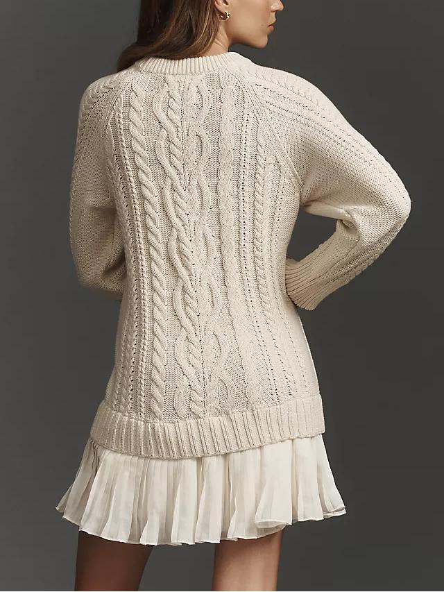 🔥Women Crewneck Cable Knit Sweater Mini Dress