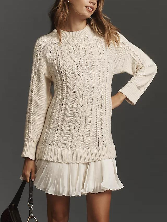🔥Women Crewneck Cable Knit Sweater Mini Dress