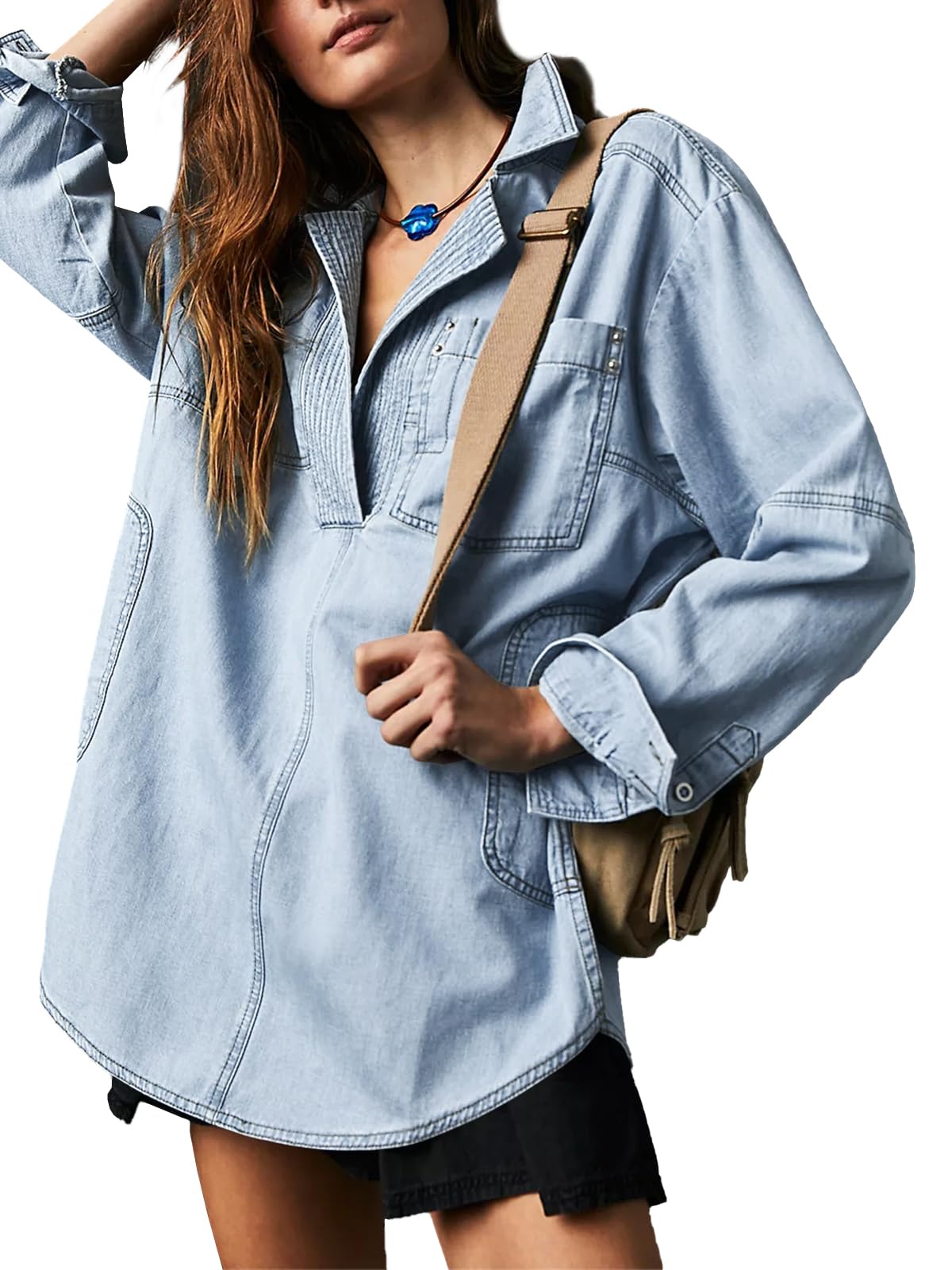 Limited time sale🔥Women's Denim V-Neck Pullover Shirt (BUY 2 FREE SHIPPING)