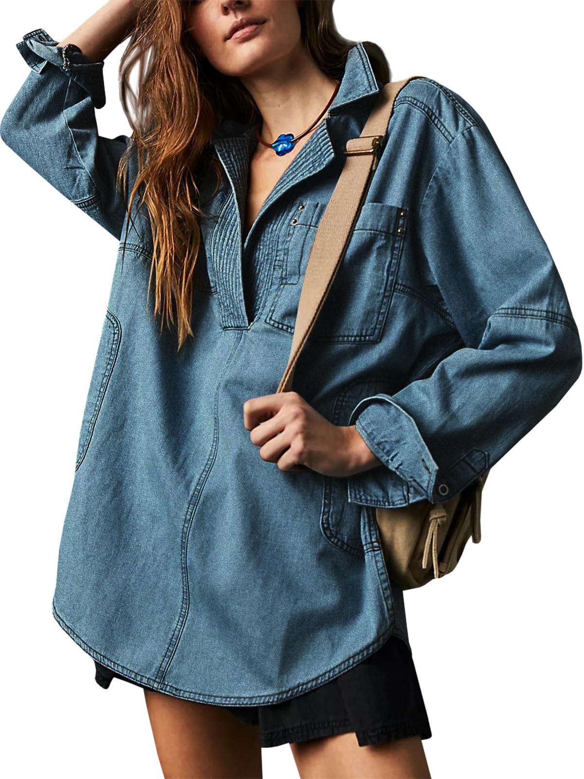 Limited time sale🔥Women's Denim V-Neck Pullover Shirt (BUY 2 FREE SHIPPING)