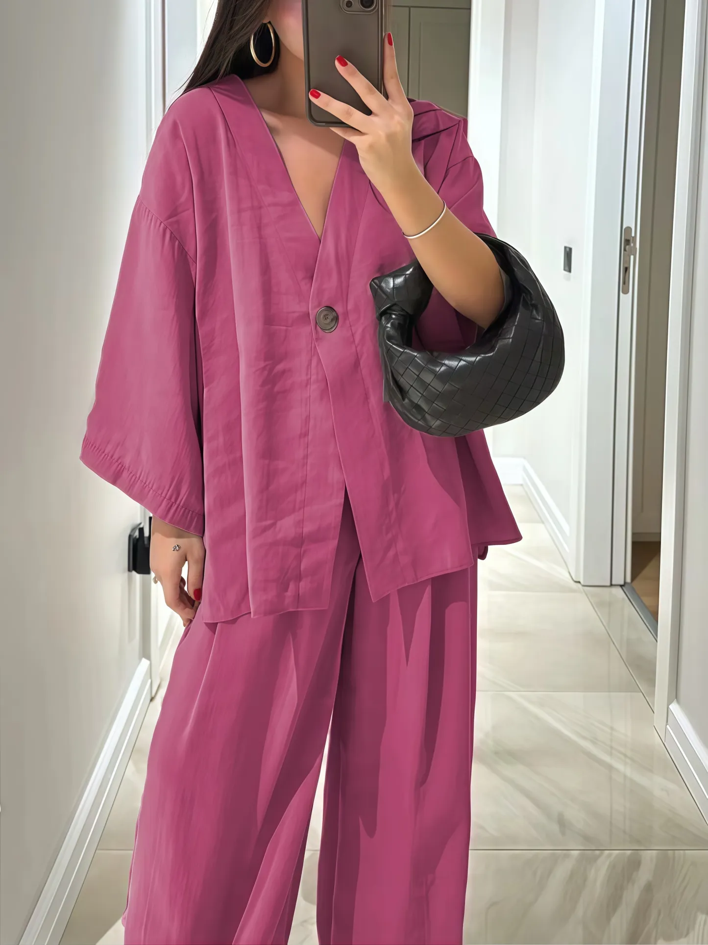 😎Casual Cotton Linen Loose V-neck One Button Shirt High Waist Wide Leg set