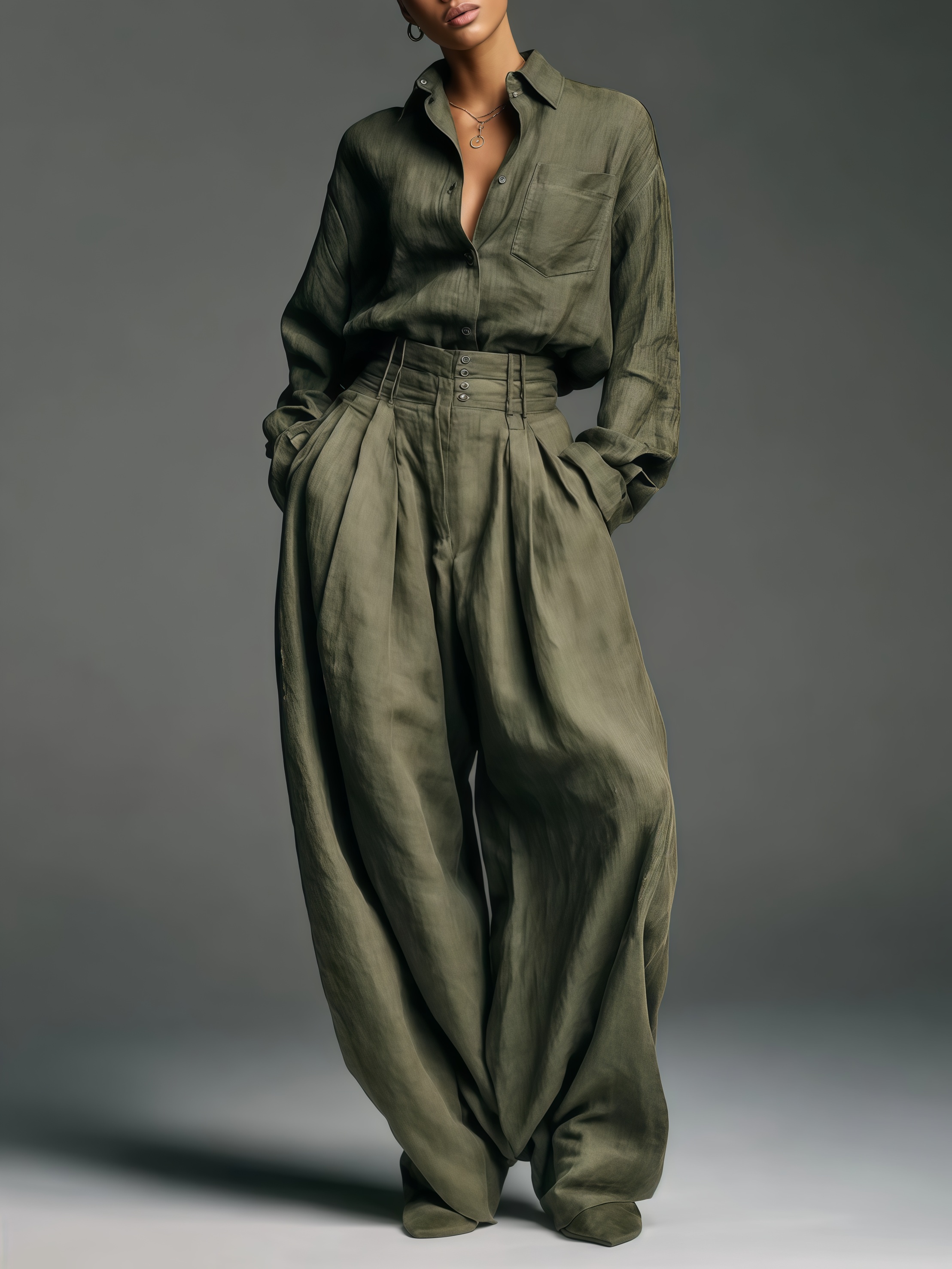 Linen Blend Lapel Long-sleeved Casual Shirt and High-waist Pocket Loose Wide-leg Pants Set
