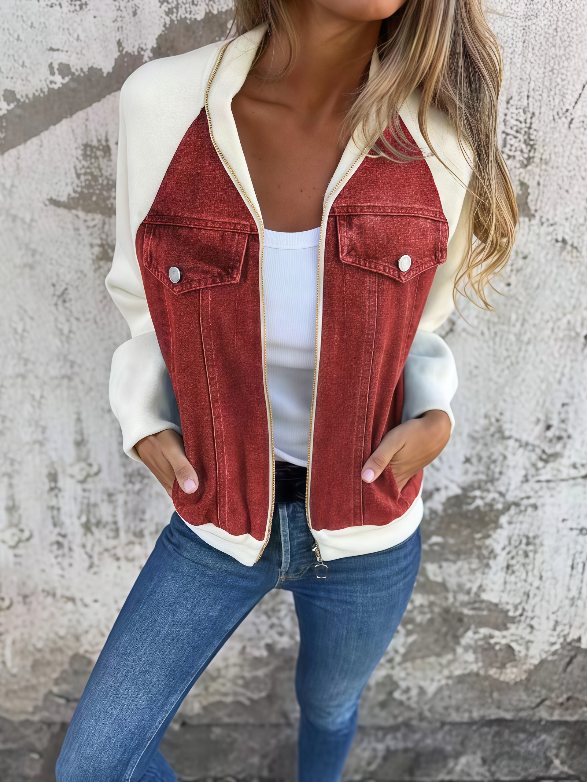 🔥Vintage Denim Patchwork Zip-Up Jacket, Unisex Streetwear (Matching jeans optional)