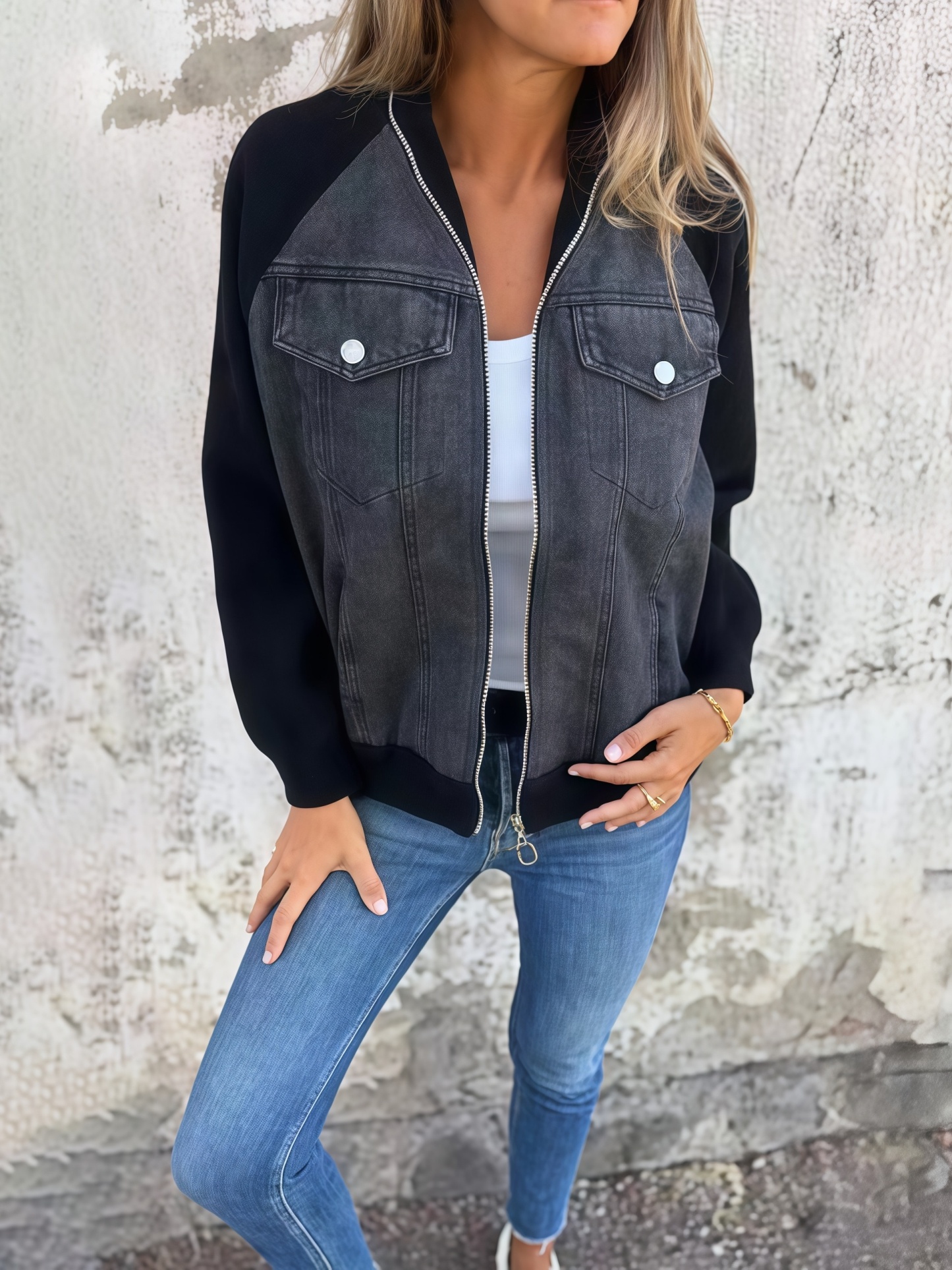 🔥Vintage Denim Patchwork Zip-Up Jacket, Unisex Streetwear (Matching jeans optional)