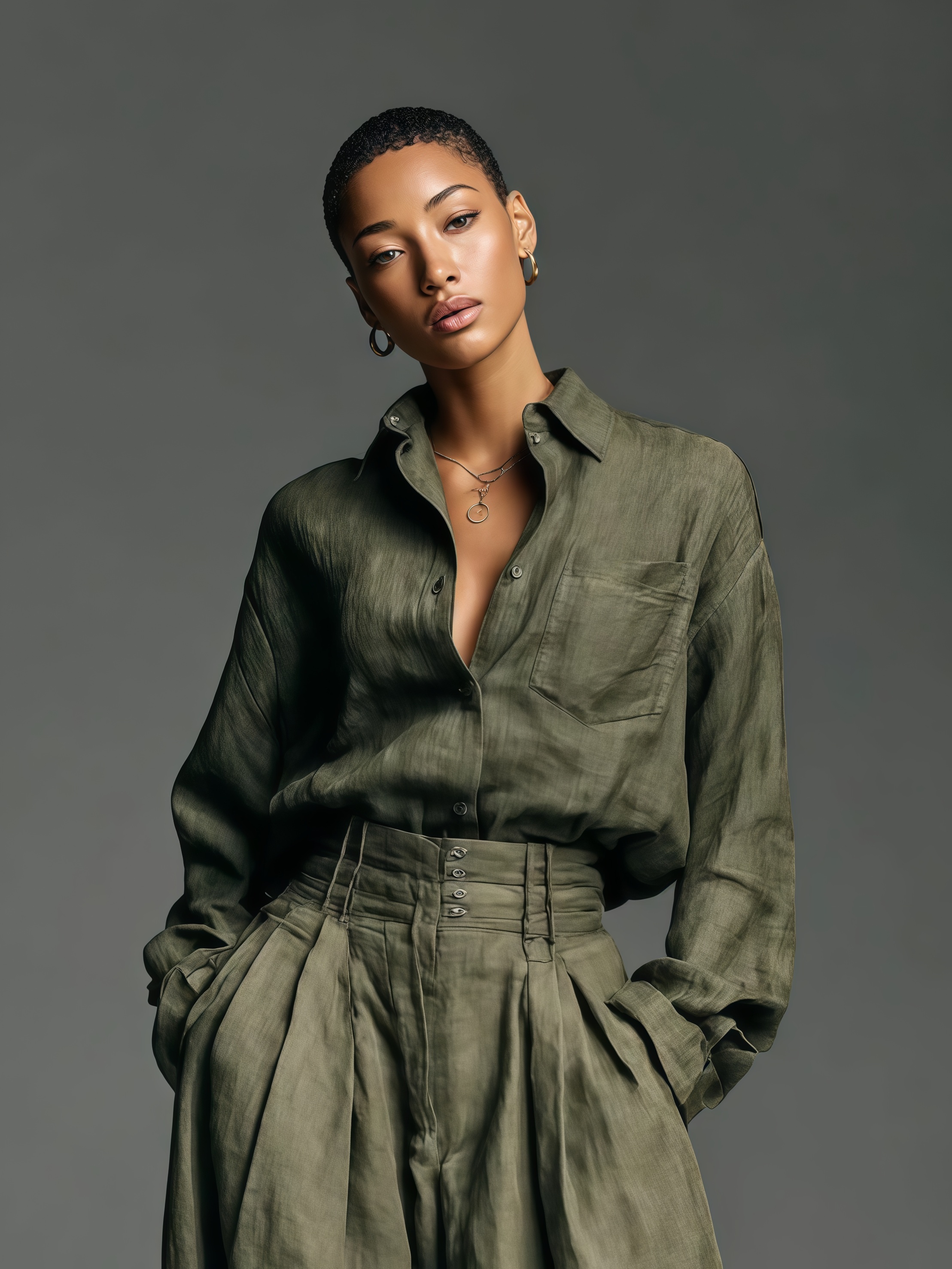 Linen Blend Lapel Long-sleeved Casual Shirt and High-waist Pocket Loose Wide-leg Pants Set