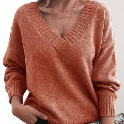 Solid Color V-Neck Sweater-Women's Clothing for Autumn and Winter