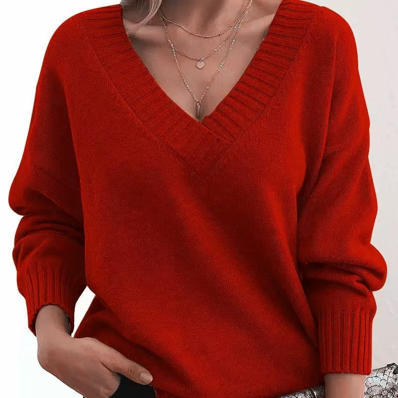 Solid Color V-Neck Sweater-Women's Clothing for Autumn and Winter