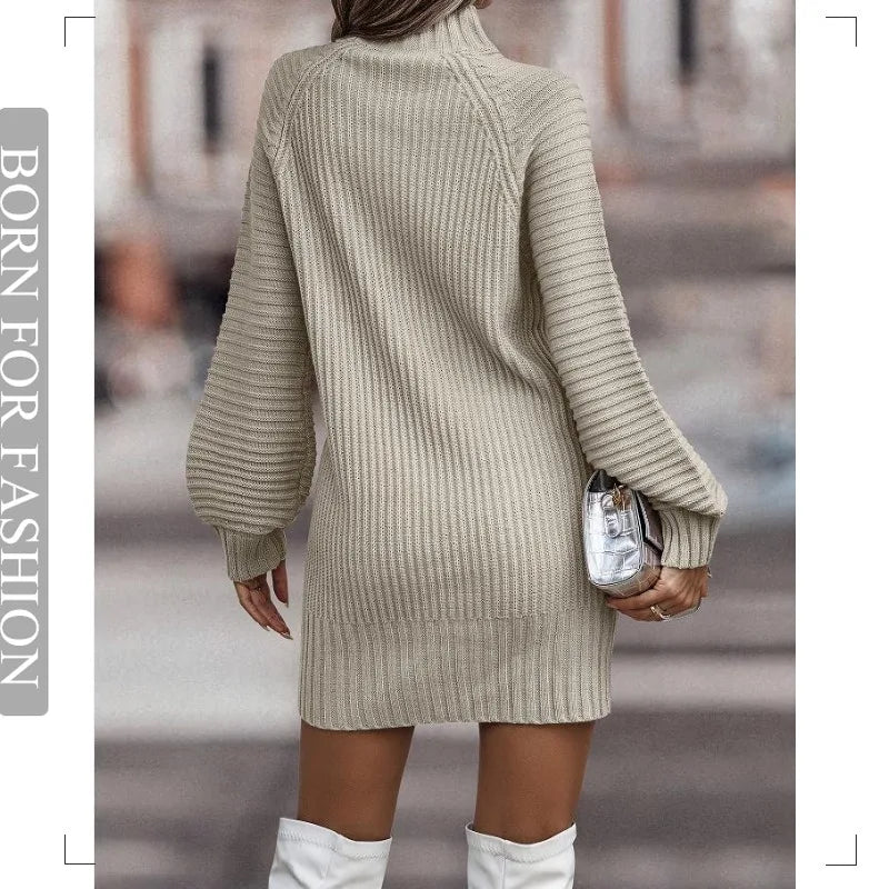 Vintage Winter Knitted Dress Ladies Chic Turtleneck Lantern Long Sleeve Mini Sweater Dresses for Women Clothes