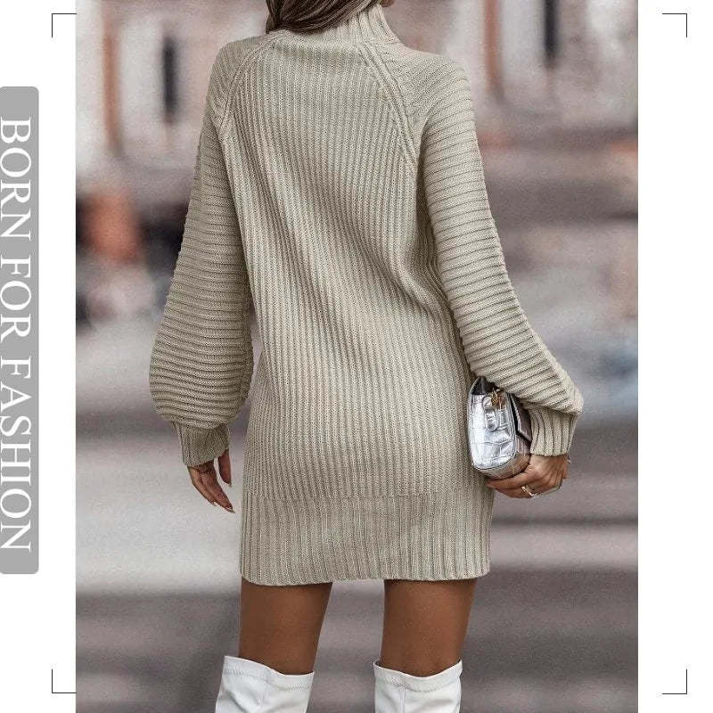 Vintage Winter Knitted Dress Ladies Chic Turtleneck Lantern Long Sleeve Mini Sweater Dresses for Women Clothes