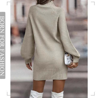 Vintage Winter Knitted Dress Ladies Chic Turtleneck Lantern Long Sleeve Mini Sweater Dresses for Women Clothes