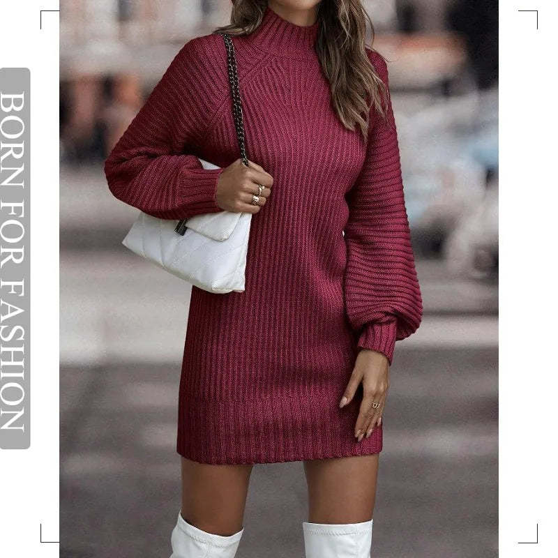 Vintage Winter Knitted Dress Ladies Chic Turtleneck Lantern Long Sleeve Mini Sweater Dresses for Women Clothes